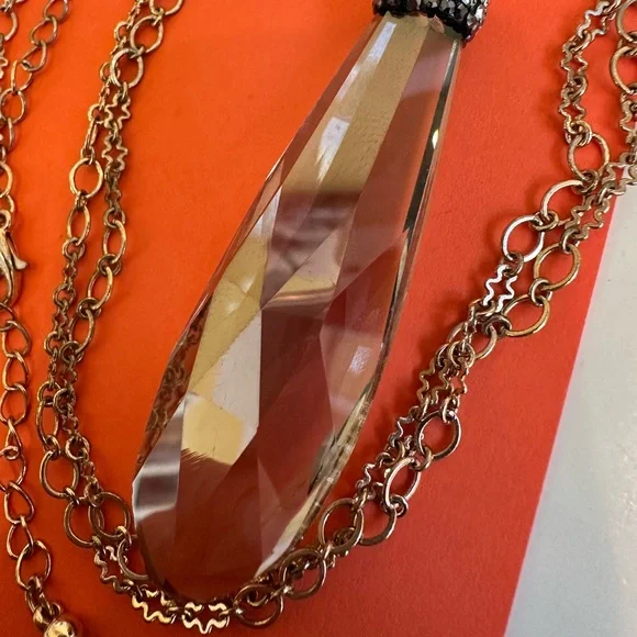 Pendant Necklace EUC Gold Chain-Heavy faceted smoky Crystal Capoed Glass + Pearl - Picture 5 of 5
